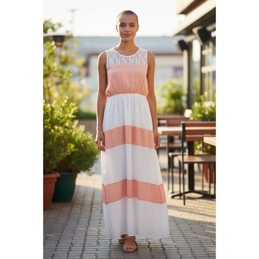 Hailey & Co. Peach & White Maxi Dress | Lace Detail | Made in USA
